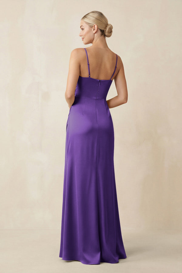 Cami Strap Ruched Satin Sheath Bridesmaid Dress in Amethyst - KissProm Bridesmaid Dresses