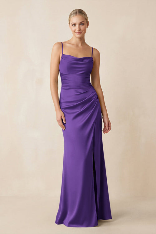 Cami Strap Ruched Satin Sheath Bridesmaid Dress in Amethyst - KissProm Bridesmaid Dresses