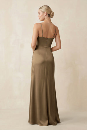 Cami Strap Ruched Satin Sheath Bridesmaid Dress in Apple Cinnamon - KissProm Bridesmaid Dresses