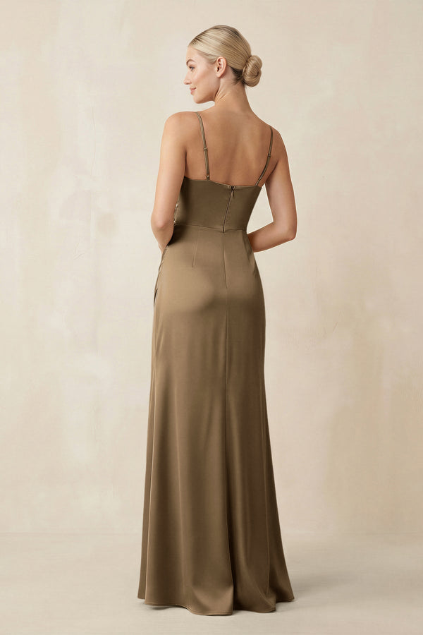 Cami Strap Ruched Satin Sheath Bridesmaid Dress in Apple Cinnamon - KissProm Bridesmaid Dresses