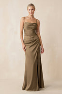 Cami Strap Ruched Satin Sheath Bridesmaid Dress in Apple Cinnamon - KissProm Bridesmaid Dresses
