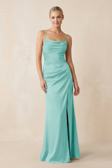 Cami Strap Ruched Satin Sheath Bridesmaid Dress in Aqua - KissProm Bridesmaid Dresses