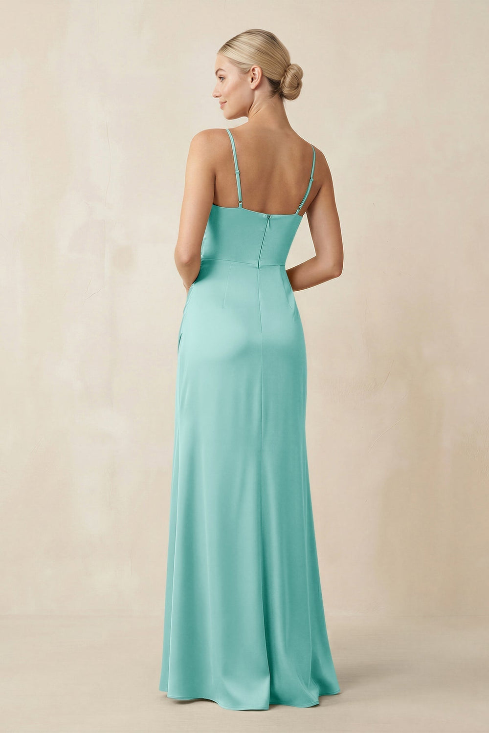 Cami Strap Ruched Satin Sheath Bridesmaid Dress in Aqua - KissProm Bridesmaid Dresses
