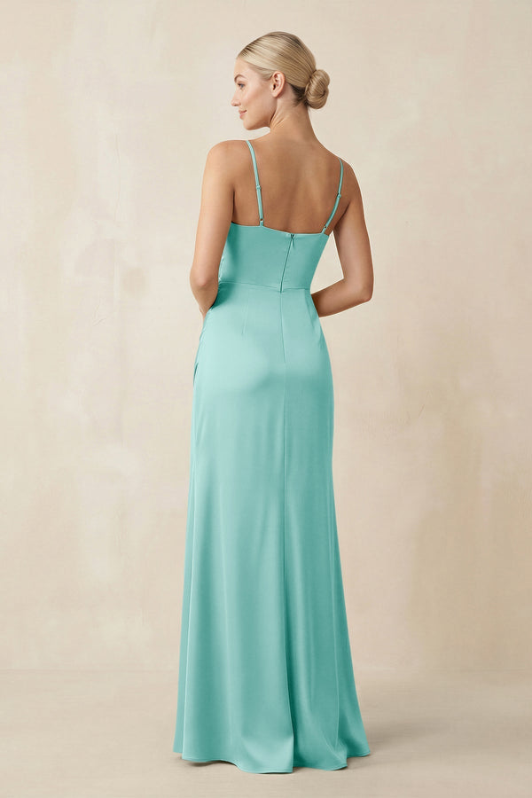 Cami Strap Ruched Satin Sheath Bridesmaid Dress in Aqua - KissProm Bridesmaid Dresses