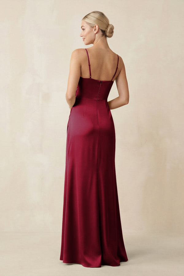 Cami Strap Ruched Satin Sheath Bridesmaid Dress in Berry - KissProm Bridesmaid Dresses