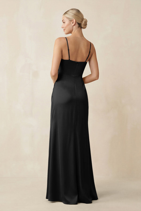 Cami Strap Ruched Satin Sheath Bridesmaid Dress in Black - KissProm Bridesmaid Dresses