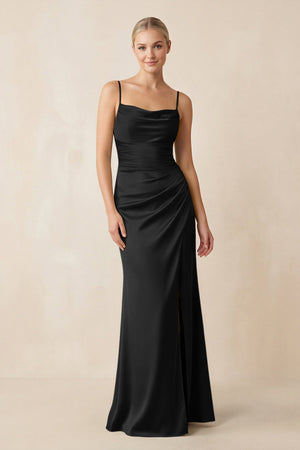 Cami Strap Ruched Satin Sheath Bridesmaid Dress in Black - KissProm Bridesmaid Dresses