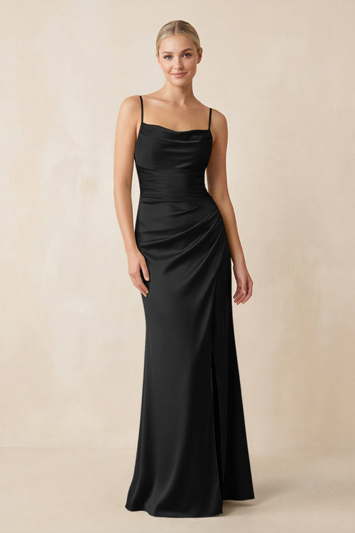 Cami Strap Ruched Satin Sheath Bridesmaid Dress in Black - KissProm Bridesmaid Dresses