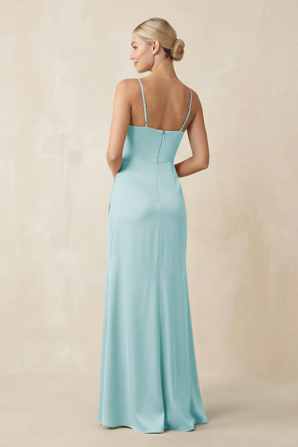 Cami Strap Ruched Satin Sheath Bridesmaid Dress in Bleached Aqua - KissProm Bridesmaid Dresses