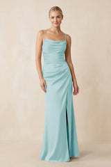 Cami Strap Ruched Satin Sheath Bridesmaid Dress in Bleached Aqua - KissProm Bridesmaid Dresses
