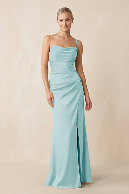 Cami Strap Ruched Satin Sheath Bridesmaid Dress in Bleached Aqua - KissProm Bridesmaid Dresses