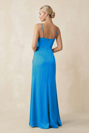 Cami Strap Ruched Satin Sheath Bridesmaid Dress in Blue Jay - KissProm Bridesmaid Dresses