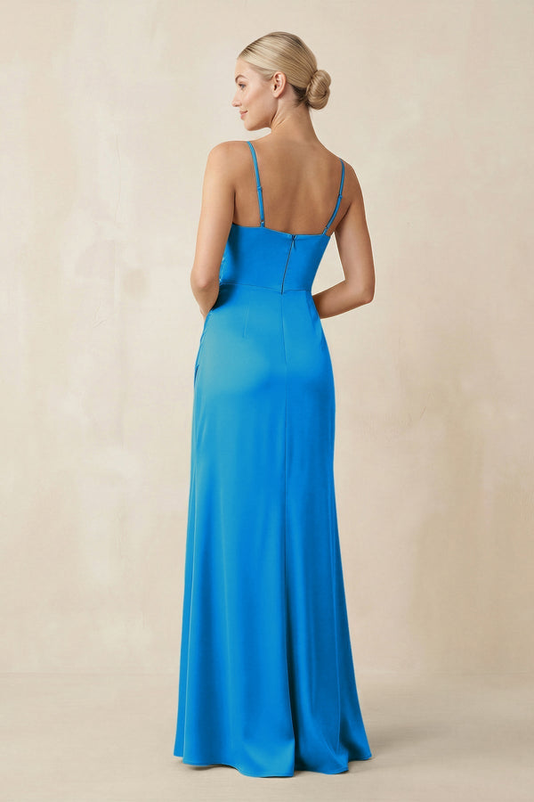 Cami Strap Ruched Satin Sheath Bridesmaid Dress in Blue Jay - KissProm Bridesmaid Dresses