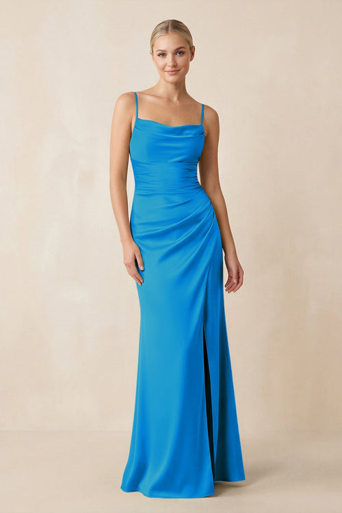 Cami Strap Ruched Satin Sheath Bridesmaid Dress in Blue Jay - KissProm Bridesmaid Dresses
