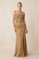 Cami Strap Ruched Satin Sheath Bridesmaid Dress in Bronzer - KissProm Bridesmaid Dresses