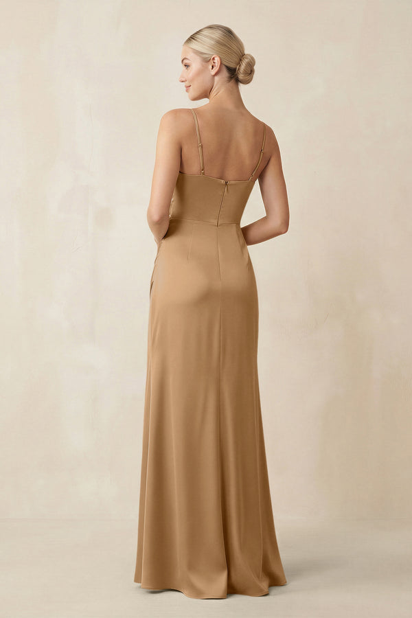 Cami Strap Ruched Satin Sheath Bridesmaid Dress in Bronzer - KissProm Bridesmaid Dresses