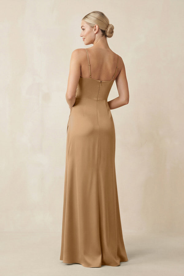 Cami Strap Ruched Satin Sheath Bridesmaid Dress in Bronzer - KissProm Bridesmaid Dresses