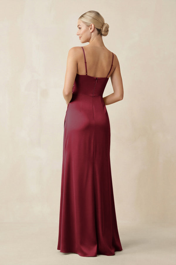 Cami Strap Ruched Satin Sheath Bridesmaid Dress in Burgundy - KissProm Bridesmaid Dresses