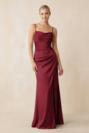 Cami Strap Ruched Satin Sheath Bridesmaid Dress in Burgundy - KissProm Bridesmaid Dresses