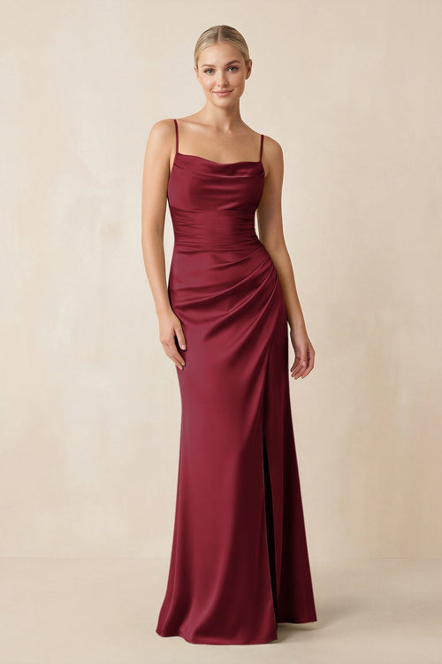 Cami Strap Ruched Satin Sheath Bridesmaid Dress in Burgundy - KissProm Bridesmaid Dresses