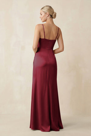 Cami Strap Ruched Satin Sheath Bridesmaid Dress in Burgundy - KissProm Bridesmaid Dresses