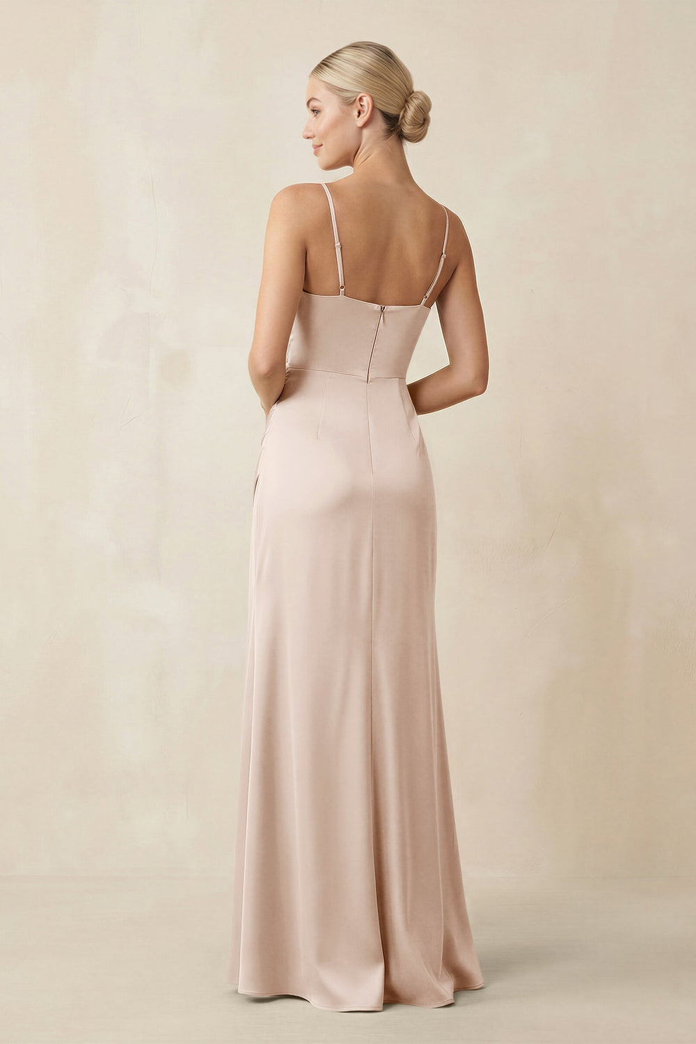 Cami Strap Ruched Satin Sheath Bridesmaid Dress in Buttercream - KissProm Bridesmaid Dresses