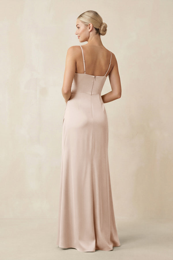 Cami Strap Ruched Satin Sheath Bridesmaid Dress in Buttercream - KissProm Bridesmaid Dresses