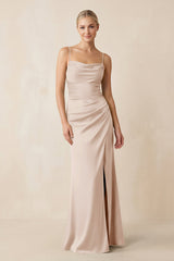 Cami Strap Ruched Satin Sheath Bridesmaid Dress in Buttercream - KissProm Bridesmaid Dresses
