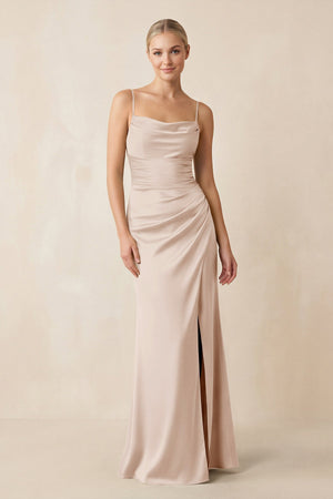 Cami Strap Ruched Satin Sheath Bridesmaid Dress in Buttercream - KissProm Bridesmaid Dresses