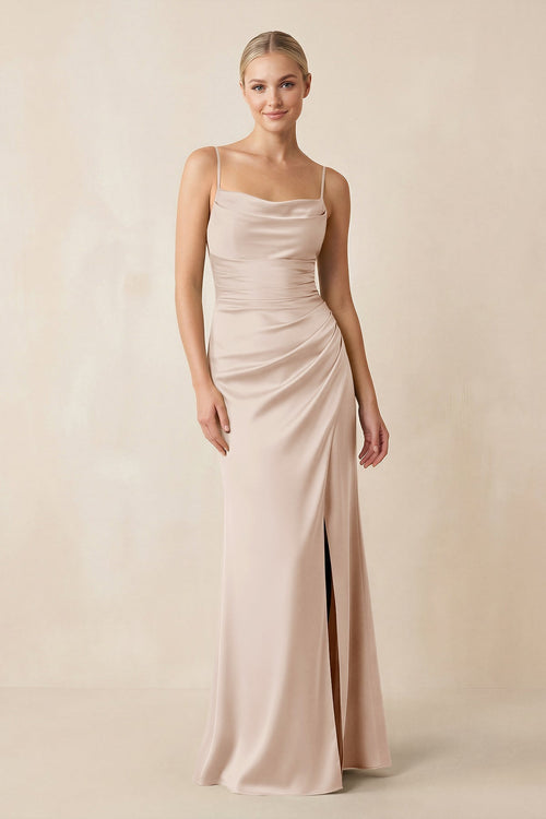 Cami Strap Ruched Satin Sheath Bridesmaid Dress in Buttercream - KissProm Bridesmaid Dresses