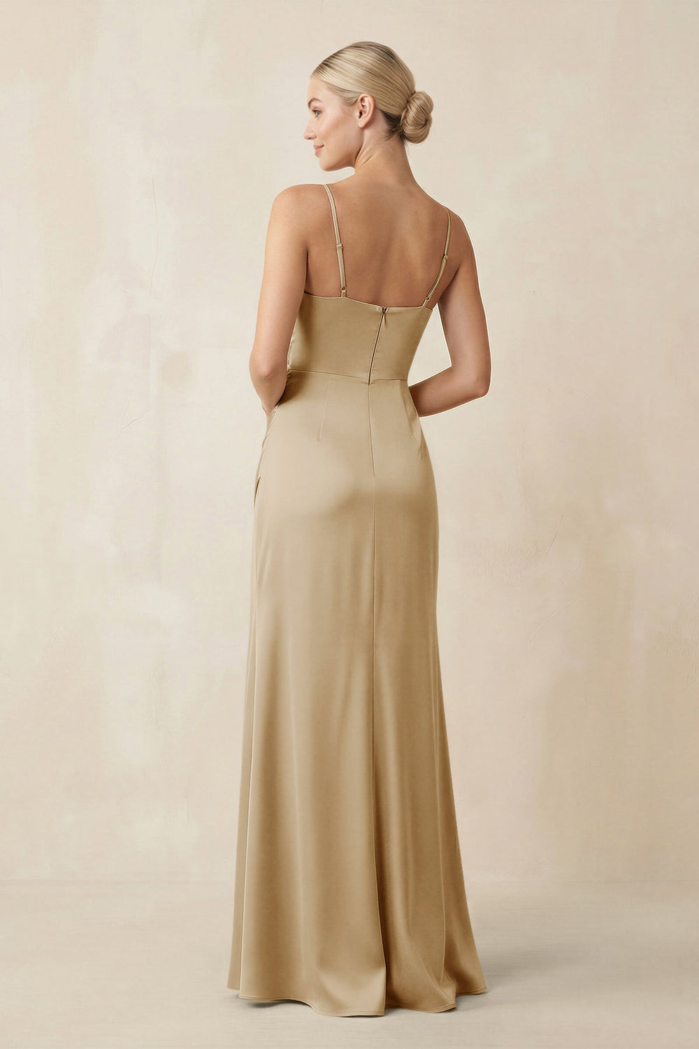 Cami Strap Ruched Satin Sheath Bridesmaid Dress in Champagne - KissProm Bridesmaid Dresses