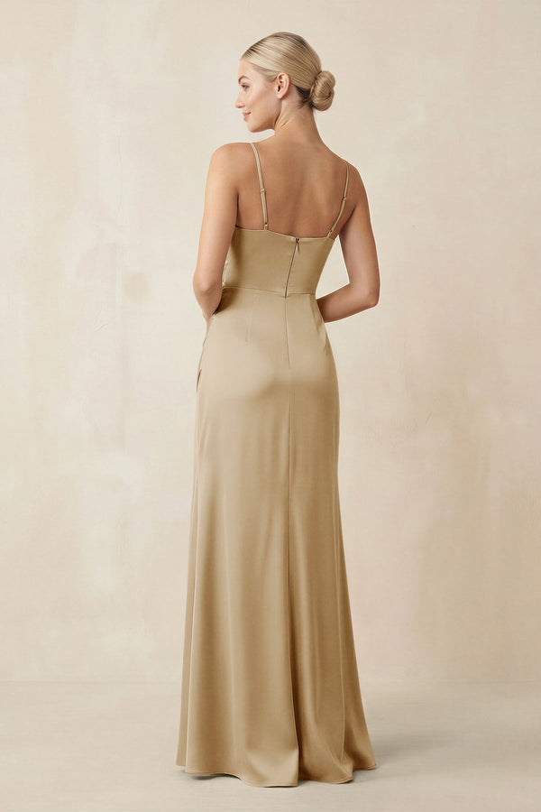 Cami Strap Ruched Satin Sheath Bridesmaid Dress in Champagne - KissProm Bridesmaid Dresses