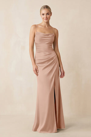 Cami Strap Ruched Satin Sheath Bridesmaid Dress in Champagne Rose - KissProm Bridesmaid Dresses