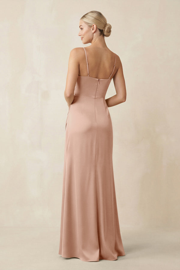 Cami Strap Ruched Satin Sheath Bridesmaid Dress in Champagne Rose - KissProm Bridesmaid Dresses