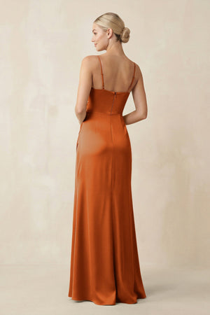 Cami Strap Ruched Satin Sheath Bridesmaid Dress in Cinnamon - KissProm Bridesmaid Dresses