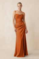 Cami Strap Ruched Satin Sheath Bridesmaid Dress in Cinnamon - KissProm Bridesmaid Dresses