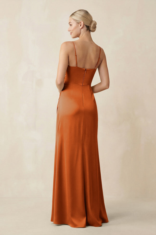 Cami Strap Ruched Satin Sheath Bridesmaid Dress in Cinnamon - KissProm Bridesmaid Dresses