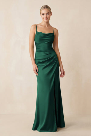 Cami Strap Ruched Satin Sheath Bridesmaid Dress in Dark Green - KissProm Bridesmaid Dresses