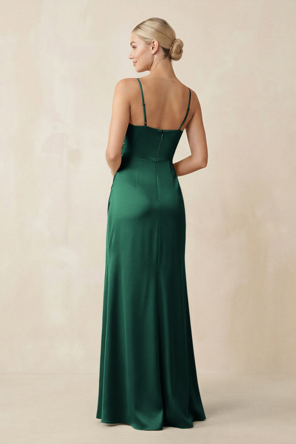 Cami Strap Ruched Satin Sheath Bridesmaid Dress in Dark Green - KissProm Bridesmaid Dresses