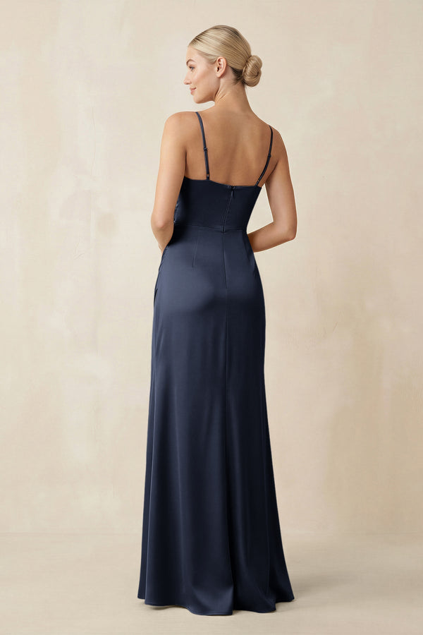 Cami Strap Ruched Satin Sheath Bridesmaid Dress in Dark Navy - KissProm Bridesmaid Dresses
