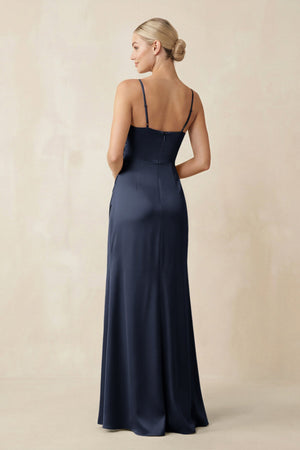 Cami Strap Ruched Satin Sheath Bridesmaid Dress in Dark Navy - KissProm Bridesmaid Dresses