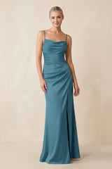 Cami Strap Ruched Satin Sheath Bridesmaid Dress in Dark Teal - KissProm Bridesmaid Dresses