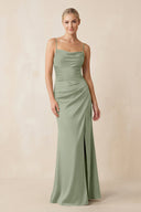 Cami Strap Ruched Satin Sheath Bridesmaid Dress in Dove Gray - KissProm Bridesmaid Dresses