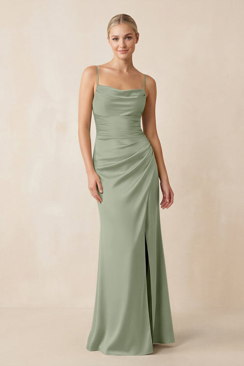 Cami Strap Ruched Satin Sheath Bridesmaid Dress in Dove Gray - KissProm Bridesmaid Dresses