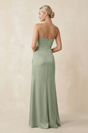 Cami Strap Ruched Satin Sheath Bridesmaid Dress in Dove Gray - KissProm Bridesmaid Dresses