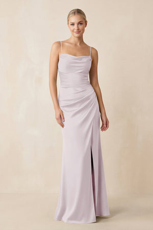 Cami Strap Ruched Satin Sheath Bridesmaid Dress in Dusk - KissProm Bridesmaid Dresses