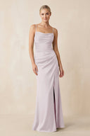 Cami Strap Ruched Satin Sheath Bridesmaid Dress in Dusk - KissProm Bridesmaid Dresses