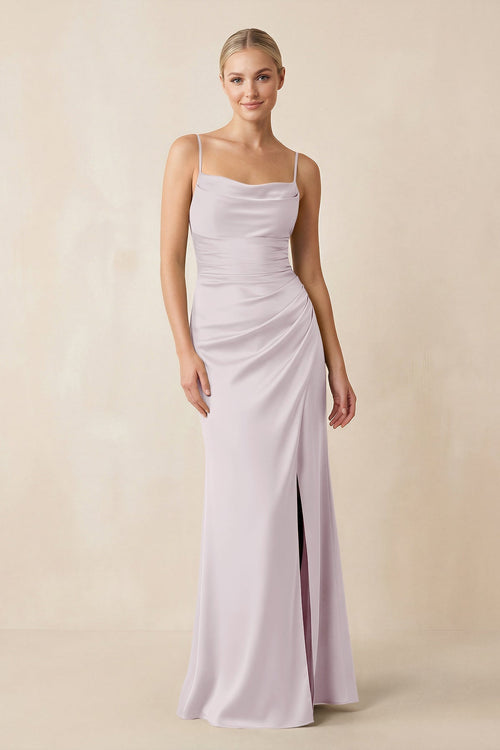Cami Strap Ruched Satin Sheath Bridesmaid Dress in Dusk - KissProm Bridesmaid Dresses