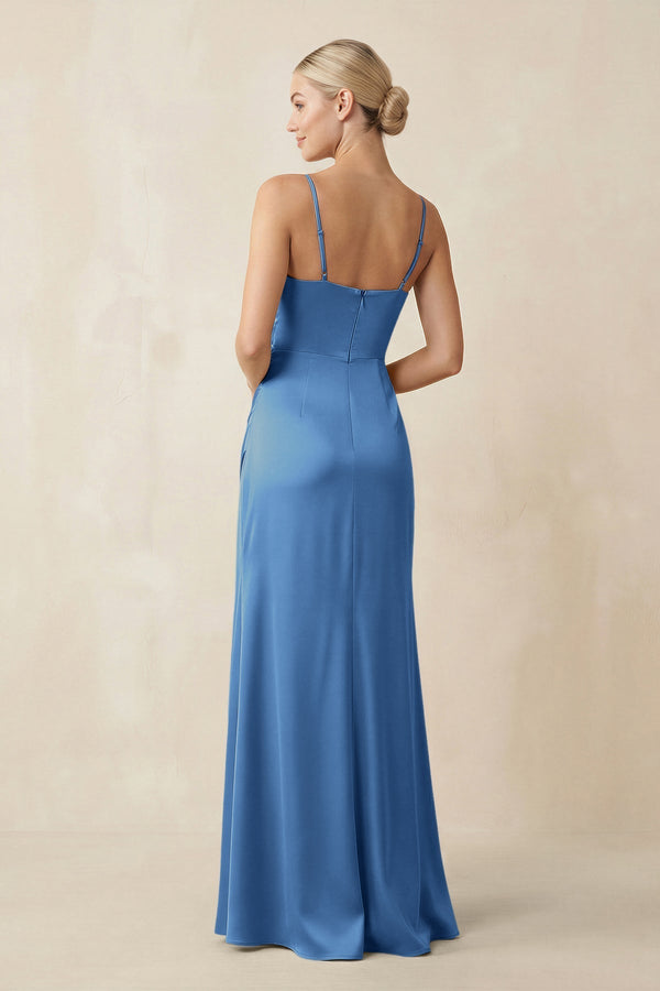 Cami Strap Ruched Satin Sheath Bridesmaid Dress in Dusty Blue - KissProm Bridesmaid Dresses