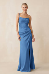 Cami Strap Ruched Satin Sheath Bridesmaid Dress in Dusty Blue - KissProm Bridesmaid Dresses